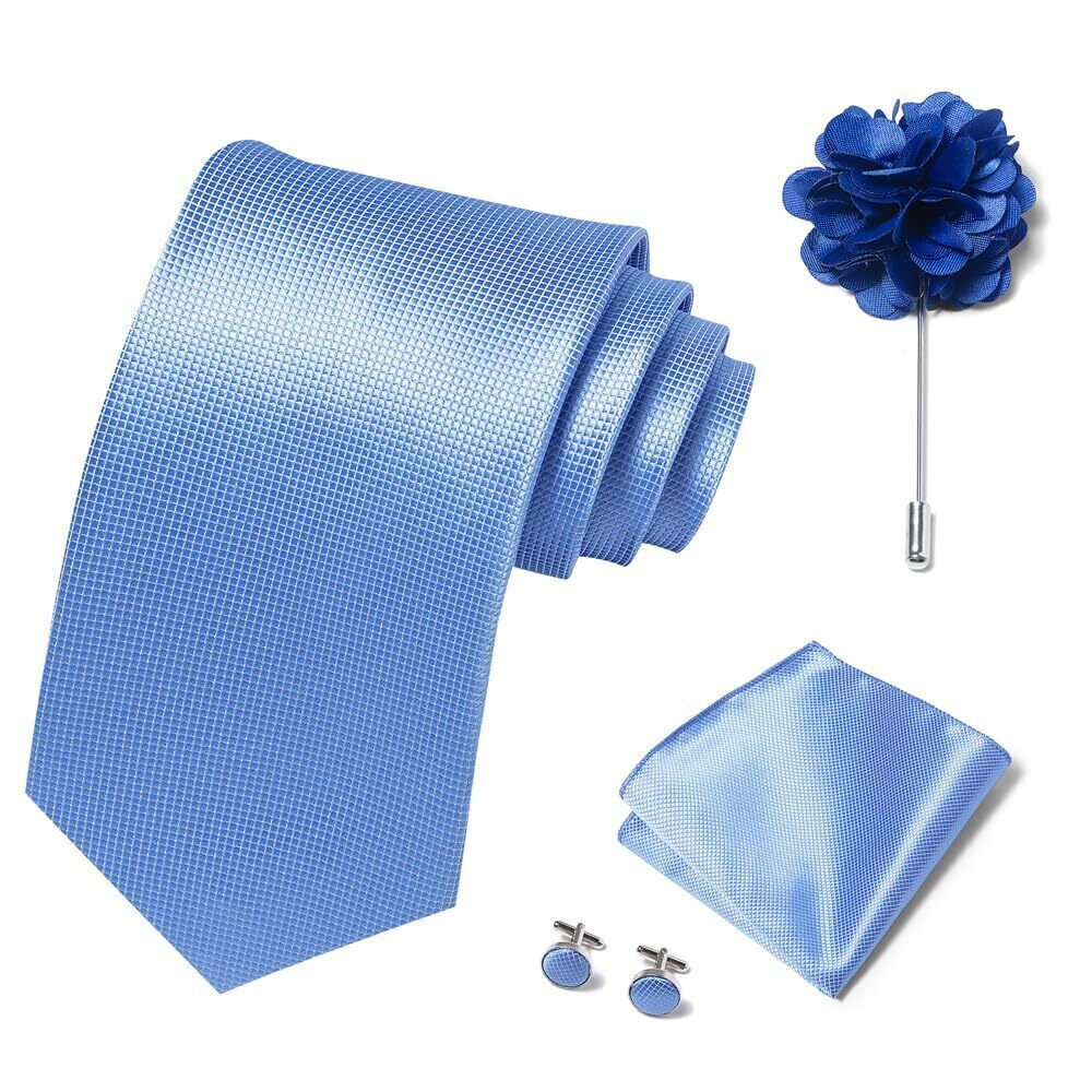 2197 Solid Color Ties Set Handkerchief Cufflinks Brooch 3.15 inches Classic